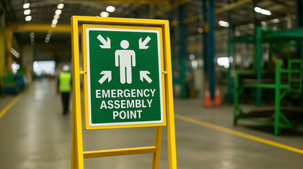 Emergency assembly point sign at factory showing safety instruction for evacuation protocol and workplace emergency preparedness
