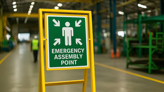 Emergency assembly point sign at factory showing safety instruction for evacuation protocol and workplace emergency preparedness