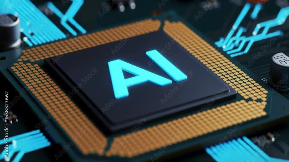 Poster glowing ai text on cpu close up with intricate gold circuitry and green motherboard tech innovation