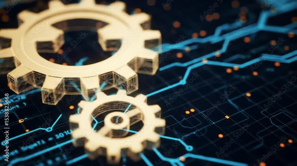 Aufkleber gold mechanical cogs on black background with blue circuits and orange nodes for technology and engi