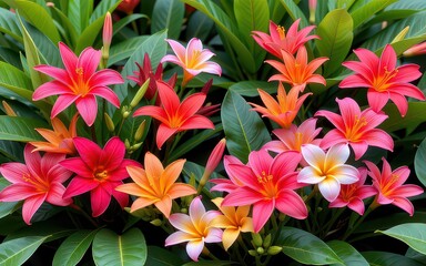 Fototapeta premium Vibrant cluster of pink and orange flowers amidst lush green leaves.