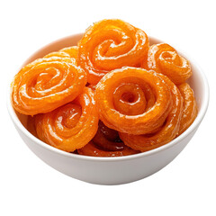 Fototapeta premium Top view of an extremely perfect looking Jalebi in a dark plate isolated on a white transparent background