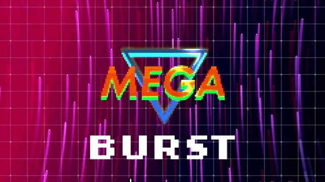 Showing loading bar filling switching to rainbow tunnel revealing Mega Burst logo on neon grid