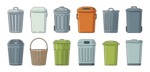 Collection of Various Trash Cans and Recycling Bins
