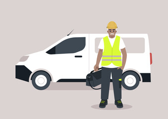 Wearing a hard hat and reflective vest, the senior engineer prepares for a busy day, standing next to his work van with tools in hand, embodying expertise and dedication