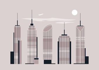 Against a soft pastel sky, five distinctive skyscrapers rise gracefully, each flaunting unique designs, A distant airplane glides by, hinting at the vibrancy of urban life and travel