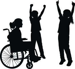 Children playing together, happy kids cheering, inclusive fun with a girl in wheelchair, diversity in childhood, disability empowerment, teamwork, joyful expression, active lifestyle, unity outdoors.