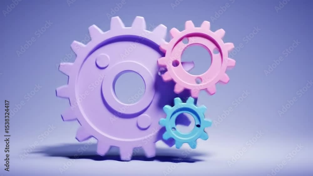 Poster pastel colored gears in 3d render with a light lavender background casting soft shadows illustrative