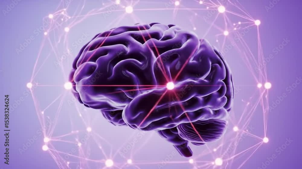 Poster Purple Anatomical Brain Model with Glowing Network Lines And Nodes on Gradient Violet Background Displaying Cerebral Neural Connections