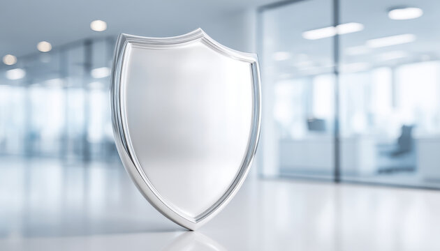 Shiny silver shield stands in modern office symbolizing concept of business liability insurance protecting assets and ensuring security in professional environment