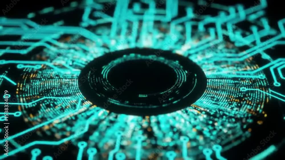 Aufkleber stylized digital eye surrounded by glowing turquoise circuit patterns on dark background artificial 