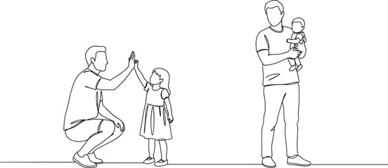 Fatherhood moments, caring dad with baby, high five with daughter, happy parenting, modern family lifestyle, love, bonding, childhood joy, single parent, nurturing, father-child connection.