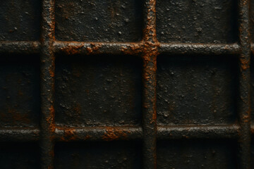Rust and moisture on dark metal grid create textured surface with aged and weathered appearance, showing corrosion and roughness in close up detail