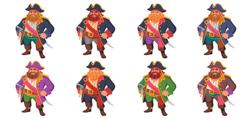 Eight Cartoon Pirates with Different Colored Coats