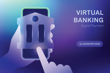 Hand using smartphone to pay money via mobile app. Virtual payment, digital banking, online shopping, fintech and bank icons innovation technology. Futuristic illustration vector gradient background.