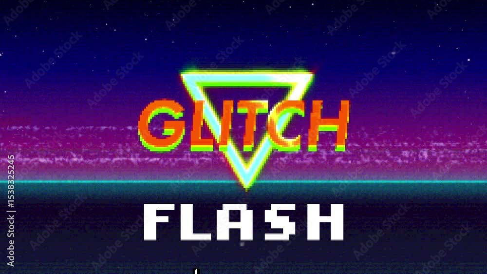 Poster loading pixel bar filling neon horizon, glitching tunnel showing glitch, cursor clicking flash