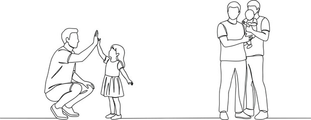 Happy family bonding, LGBT parents with children, same-sex couple with baby, father and daughter high five moment, modern family love, parenting equality, unity, support, joy.