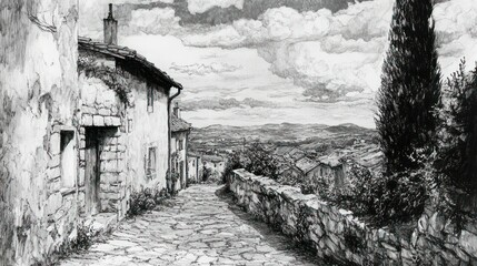 Gray-scale drawing of a village street