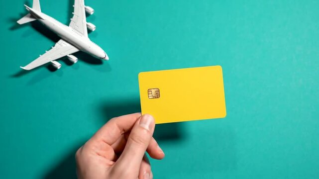 Yellow Card Held Near White Toy Airplane on Teal Background Symbolizing Payment and Travel Ready for Adobe Stock