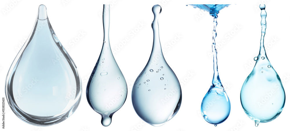 Poster png five clear water droplets in various shapes and sizes element set on transparent background.
