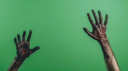 Closeup of prosthetic zombie hands reaching out, green screen background, filmmaking details