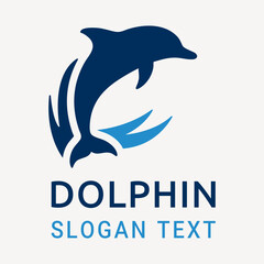 Obraz premium Dolphin logo with ocean wave elements in blue tones. Vector logo for branding in marine conservation, aquatic sports, ocean tourism, or eco-friendly enterprises