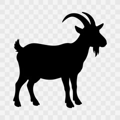 Goat silhouette. Goat with curved horns, a beard, and a short tail. Vector illustration on a checkered background