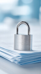 Silver padlock on stack of documents symbolizes business liability and insurance concept protecting important information and assets with security and trust