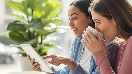 Two women look at a tablet, discuss, drink coffee in cafe. Collaboration, online shopping, lifestyle, friendship. Social media, app usage, digital lifestyle concept. - Powered by Adobe