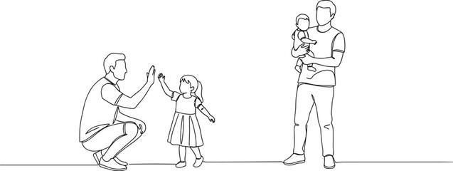 Happy father with baby, playful dad giving high five to daughter, parenting love, family bonding, modern fatherhood, caring parent, joyful children interaction, family lifestyle, father role.