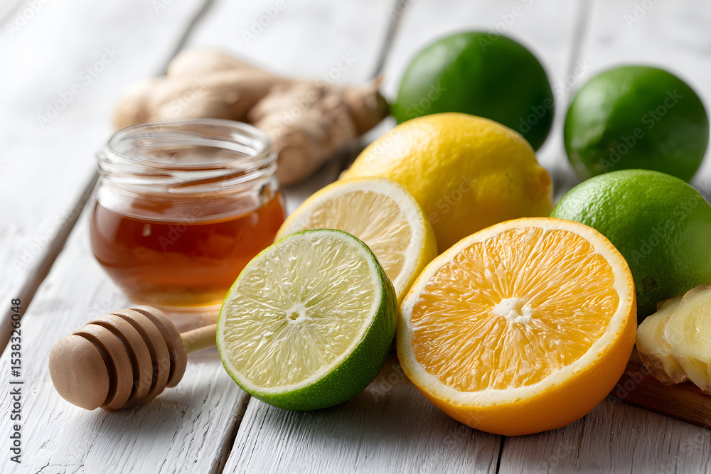 Poster fresh citrus fruits and honey are arranged on a wooden surface generative ai