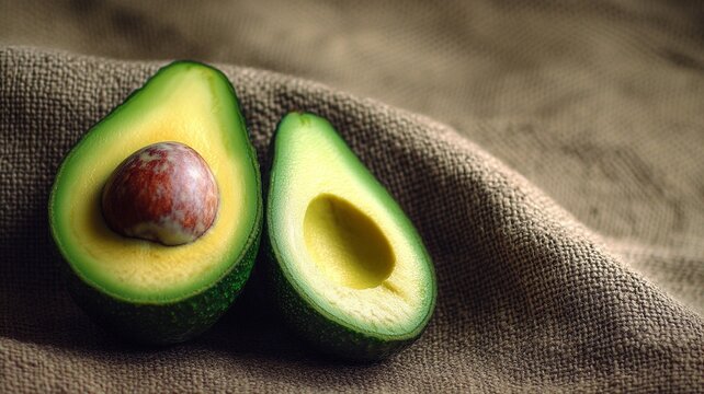Fresh avocado cut open, with a complete pit, the flesh is clearly yellow and green, with a delicate texture. Placed on a linen background, suitable for healthy eating, food photography, ingredient dis
