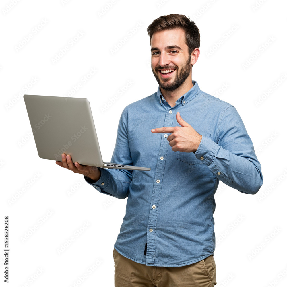 Poster smiling man showing laptop computer isolated on transparent background