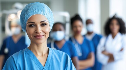 Confident female surgeon arms diverse medical team, standing with crossed leading in contemporary hospital environment