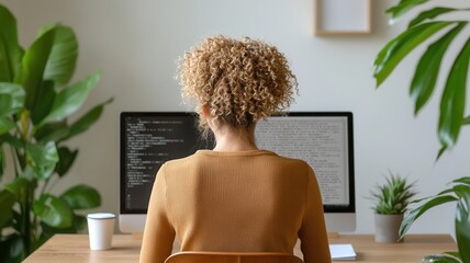 Woman computer from working as software developer coding on home in modern office with big window and plants