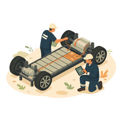 Electric Vehicle Battery Inspection Mechanics examine an EV battery pack showcasing its components and technology for efficient energy storage
