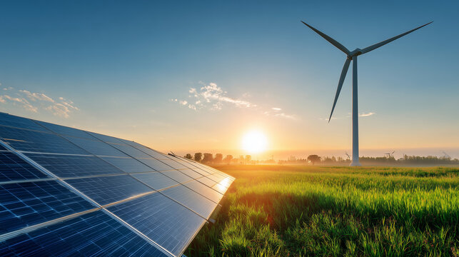 A picturesque sunset illuminates solar panels and a wind turbine in a lush green field, symbolizing sustainable and renewable energy sources.