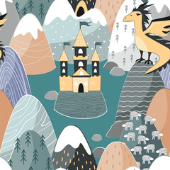 Fairy tale seamless pattern with cute dragon, magic castle, and mountains. Fairy land hills pastel background for kids, vector illustration.