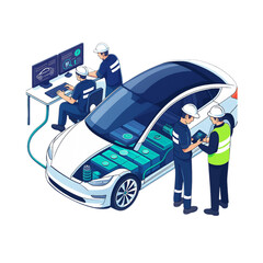 Electric Vehicle Engineers Inspecting Battery System Modern Car Technology Sustainable Energy Automotive Innovation