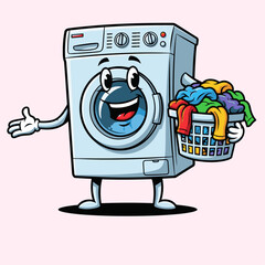 Cheerful Washing Machine Character Holding Colorful Laundry Brightening Home Scene