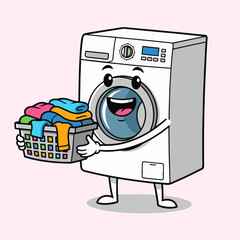 Cartoon Washing Machine Character Holding Laundry Offering Playful Vibe