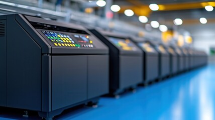 Industrial printers lined up, glowing control panels revealing production metrics within tech high manufacturing environment