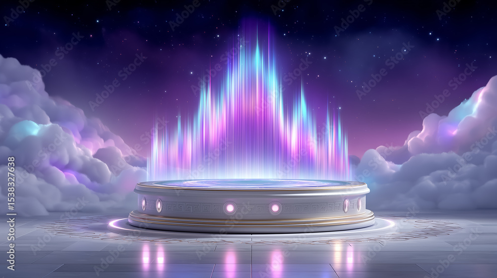 Poster colorful light display shines over an enchanted platform surrounded by soft clouds. mesmerizing ambi