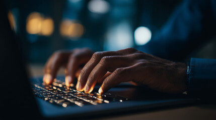Closeup of hands diligently typing on a laptop keyboard at night. The keys glow softly, highlighting the focused effort in a dimly lit setting. The image conveys latenight work and digital productivit