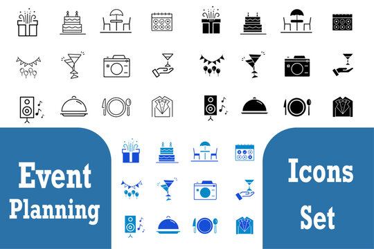 Event Planning line solid Icons. Calendar, invitation card, stage, pictures, decorations, venue, registration, entertainment, catering, invitations, coordination icons. Editable vector illustration