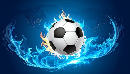 Naklejka premium Football in Flames with World Map Backdrop.