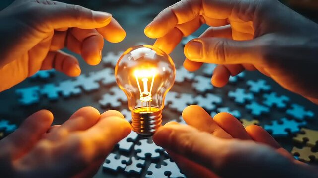 Hands holding a glowing light bulb above scattered puzzle pieces, symbolizing creativity and problem-solving