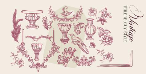Toile de Jouy. Set of graceful linear elements (botanical, fantasy) stylized for the Rococo and Neoclassical era. Vector illustrations on a colored background with text.