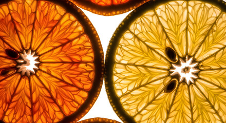 Backlit Citrus Fruit Slices: Orange and Lemon, Vibrant Macro Photography