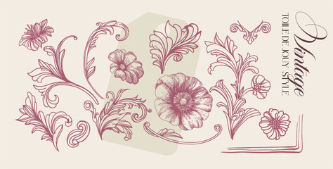 Toile de Jouy. Set of graceful linear elements (botanical, fantasy) stylized for the Rococo and Neoclassical era. Vector illustrations on a colored background with text.